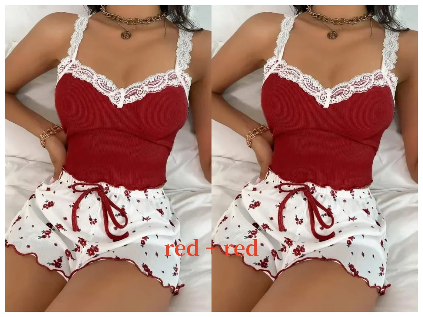 Women 2Psc Pajama Set Pink Lace Patchwork V-Neck Sleepwear Sexy Nighties Suit Cami Top Printed Shorts Soft Pyjamas Loungewear