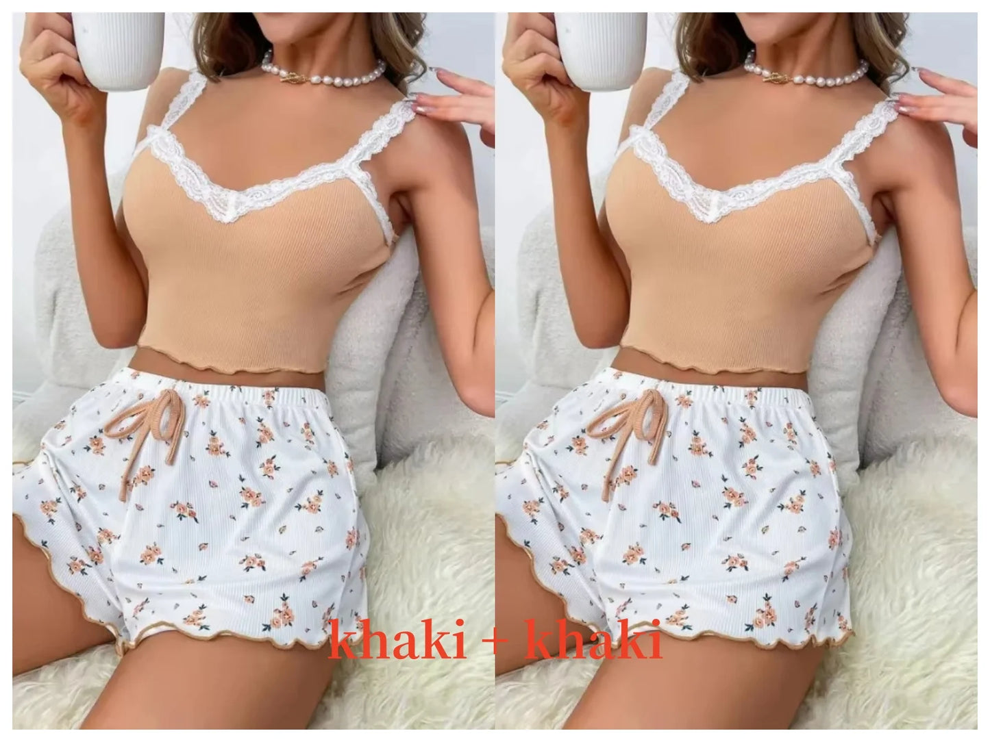 Women 2Psc Pajama Set Pink Lace Patchwork V-Neck Sleepwear Sexy Nighties Suit Cami Top Printed Shorts Soft Pyjamas Loungewear