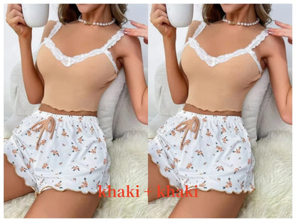 Women 2Psc Pajama Set Pink Lace Patchwork V-Neck Sleepwear Sexy Nighties Suit Cami Top Printed Shorts Soft Pyjamas Loungewear