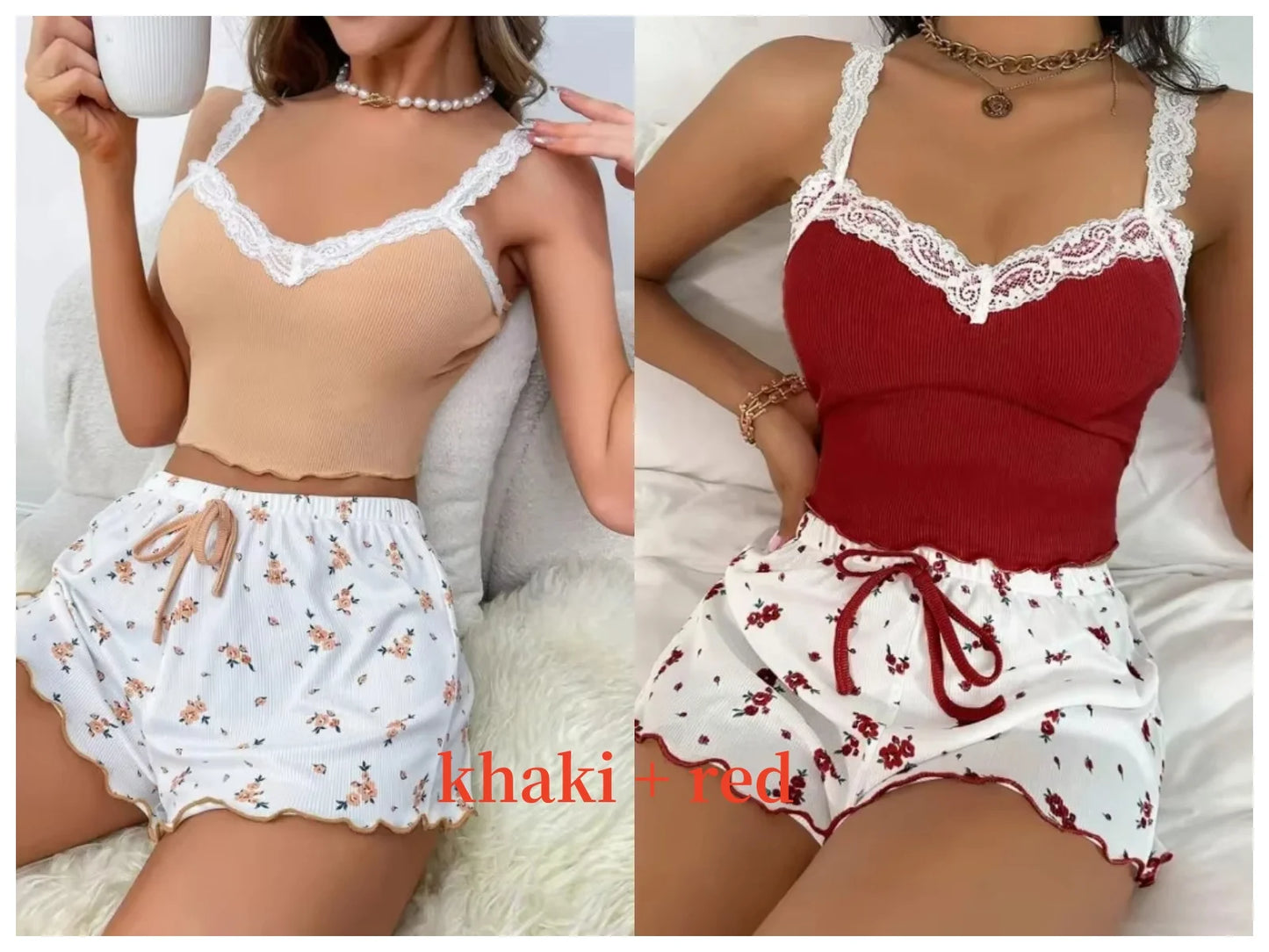 Women 2Psc Pajama Set Pink Lace Patchwork V-Neck Sleepwear Sexy Nighties Suit Cami Top Printed Shorts Soft Pyjamas Loungewear