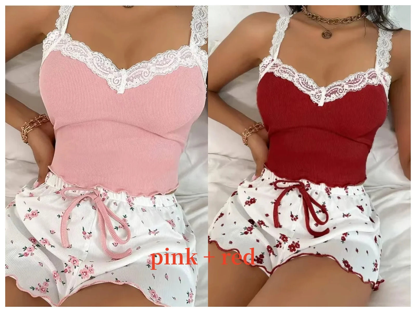 Women 2Psc Pajama Set Pink Lace Patchwork V-Neck Sleepwear Sexy Nighties Suit Cami Top Printed Shorts Soft Pyjamas Loungewear