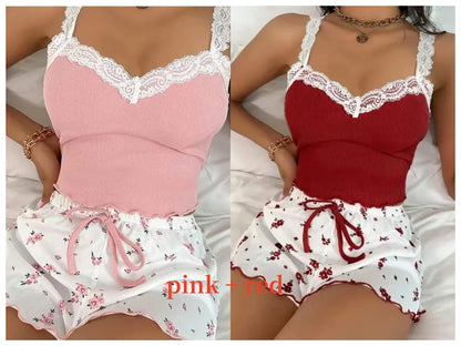 Women 2Psc Pajama Set Pink Lace Patchwork V-Neck Sleepwear Sexy Nighties Suit Cami Top Printed Shorts Soft Pyjamas Loungewear