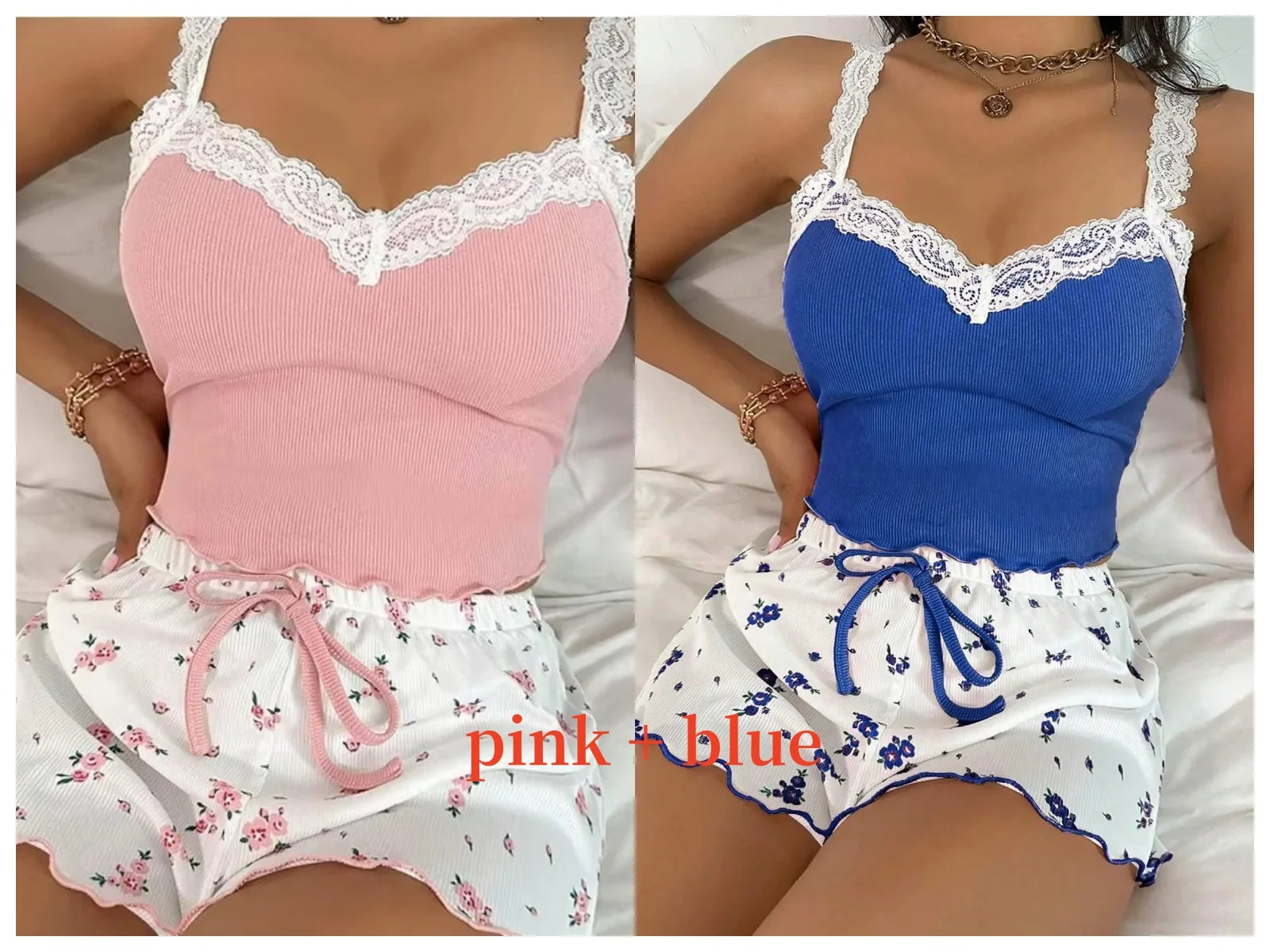 Women 2Psc Pajama Set Pink Lace Patchwork V-Neck Sleepwear Sexy Nighties Suit Cami Top Printed Shorts Soft Pyjamas Loungewear