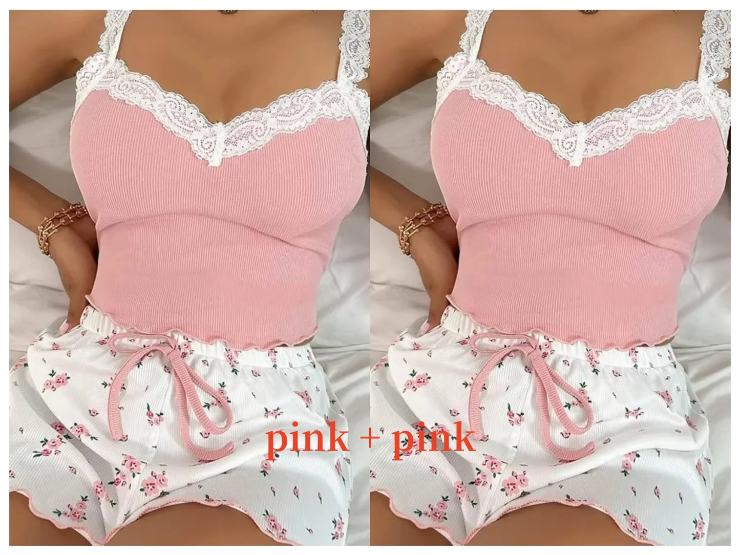 Women 2Psc Pajama Set Pink Lace Patchwork V-Neck Sleepwear Sexy Nighties Suit Cami Top Printed Shorts Soft Pyjamas Loungewear
